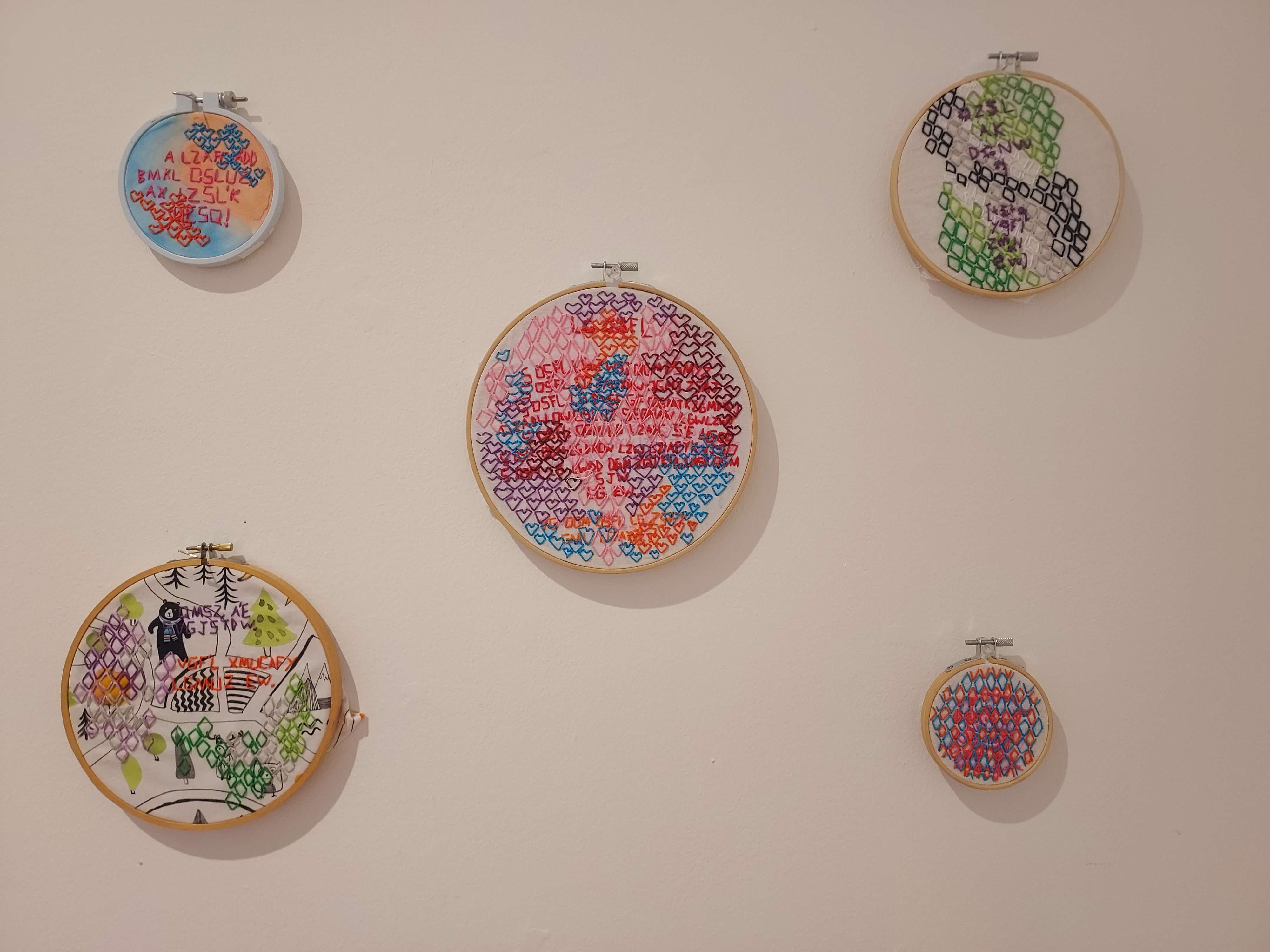 An embroidered piece within an embroidery hoop with many overlapping elements including nonsense text, diamons, and hearts.